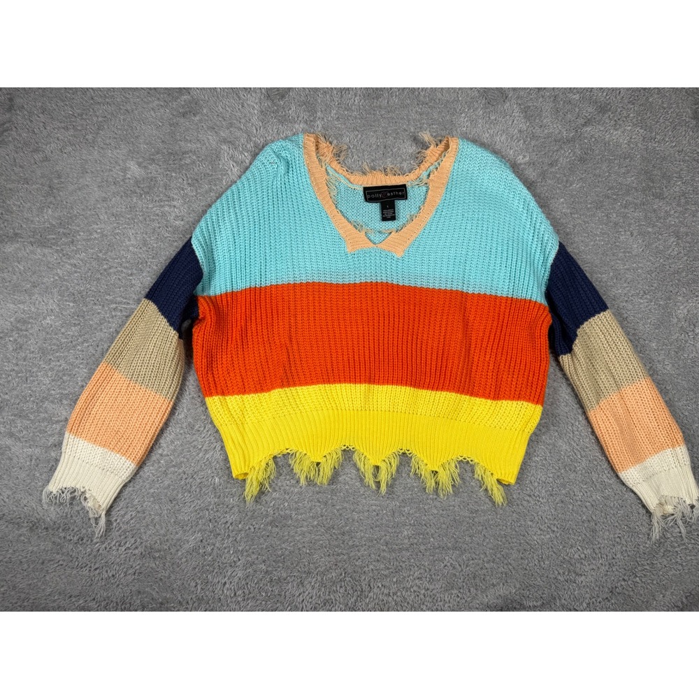 Polly & Esther Sweater Womens L Multi Color Good Distressed Cropped Striped Knit
